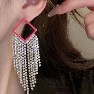 Pink and Silver Rhinestone Dangle Earrings